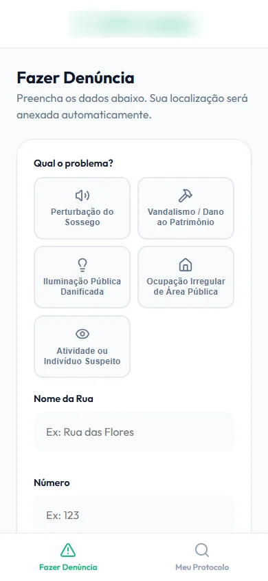 Módulo do cidadão no celular: formulário de denúncia com o tipo de problema e o endereço